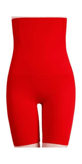 Red high-waisted shapewear shorts with slimming and body-shaping design.