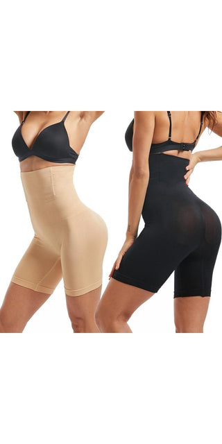 Waist trainer shapewear with tummy control and butt lifting features, available in black and beige colors, providing a slimming and smoothing silhouette.