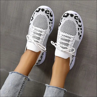 White Shoes Women Leopard Print Lace-up Sneakers Sports -