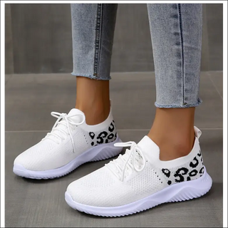 White Shoes Women Leopard Print Lace-up Sneakers Sports -