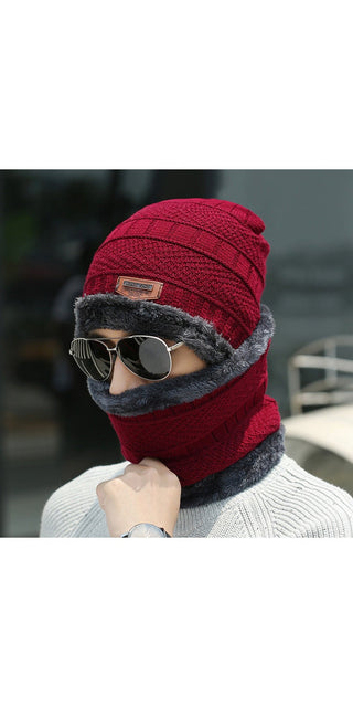 Cozy winter accessory: Stylish red knitted hat and matching neck warmer to keep you comfortable and protected from the cold.