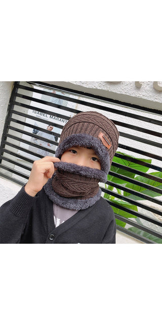Cozy and stylish winter knitted hat and scarf set, keeping the wearer warm and protected from the cold weather.