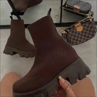 Women Sock Boots Platform Chunky Heels Shoes - Brown