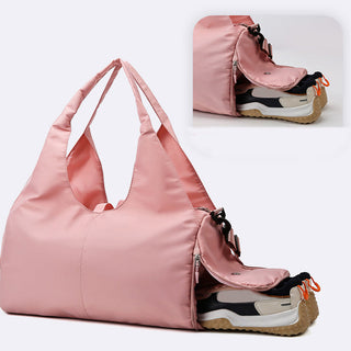 Pink large capacity sports and yoga bag with wet and dry compartments and room to carry yoga mats