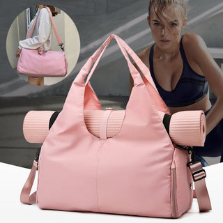 Stylish pink sports bag with dry and wet separation, large capacity, and yoga mat straps. Suitable for fitness, travel, and active lifestyle.