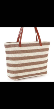 Women’s Outdoor Popular Straw Beach Bag - Beige Stripes -