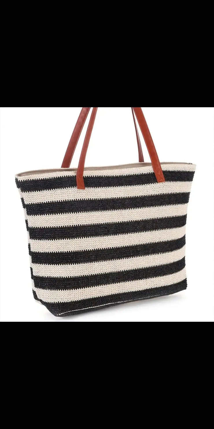 Women’s Outdoor Popular Straw Beach Bag - Black Stripes -