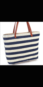 Women’s Outdoor Popular Straw Beach Bag - Blue Stripes -