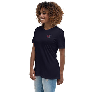 Relaxed and comfortable women's black t-shirt with a small butterfly logo, worn by a young woman with curly brown hair against a white background.