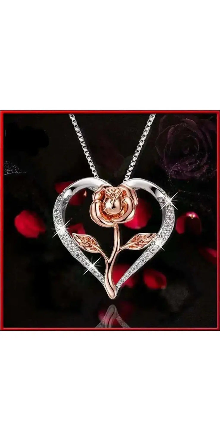 Zircon Heart Rose Silver Necklace For Women - Rose Gold -
