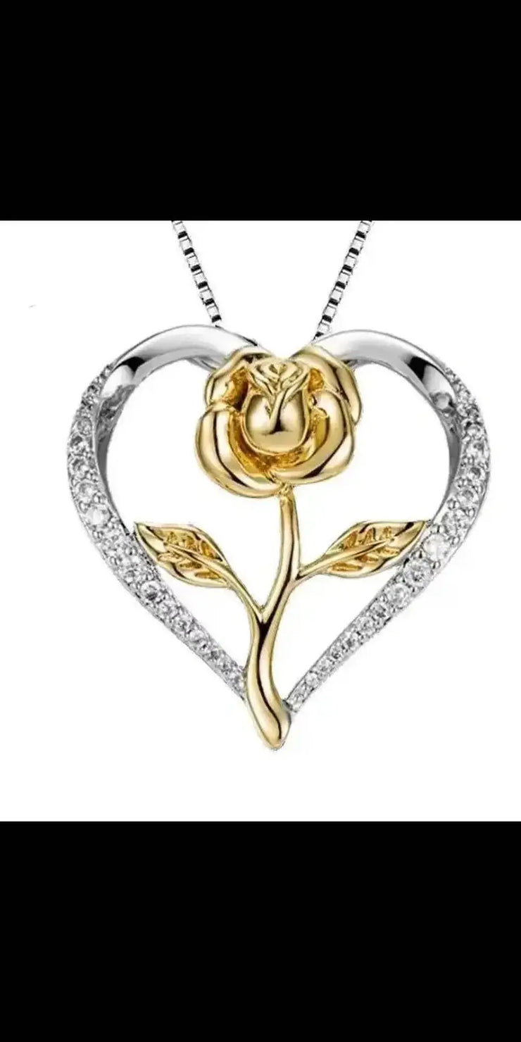 Zircon Heart Rose Silver Necklace For Women - Gold - Other