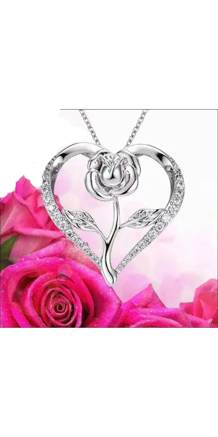 Zircon Heart Rose Silver Necklace For Women - Other