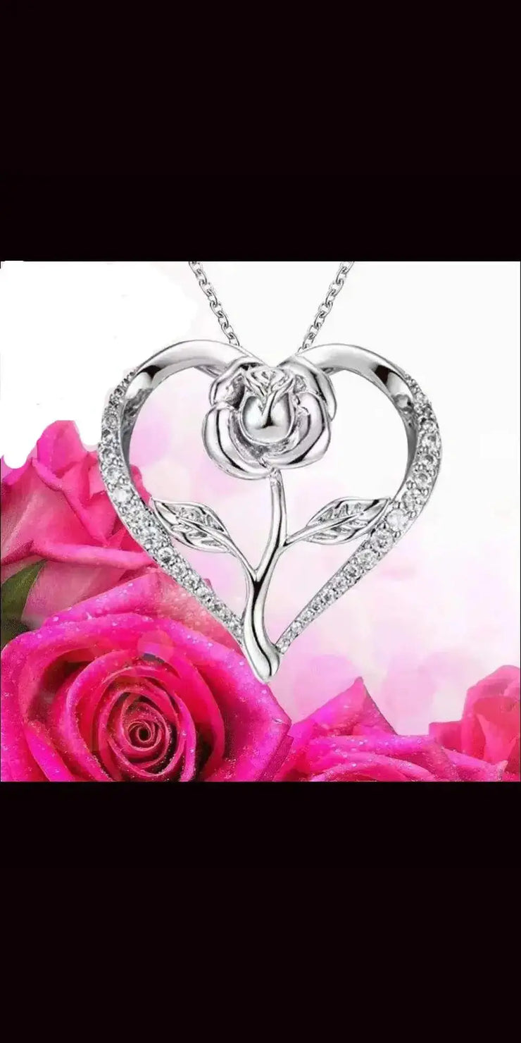 Zircon Heart Rose Silver Necklace For Women - Silver - Other