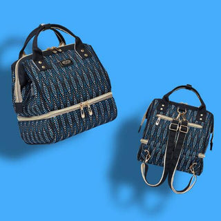 Stylish striped diaper bag with multiple compartments and straps, ideal for carrying baby essentials on the go.