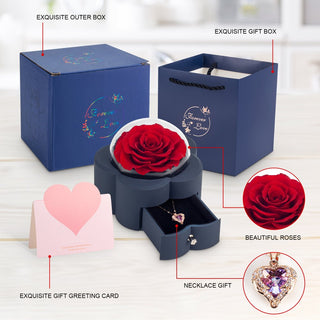 Exquisite preserved flowers in a necklace gift box, featuring a beautiful red rose, a heart-shaped pendant, and a decorative outer box - a thoughtful romantic gift.