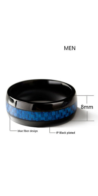 Elegant stainless steel and blue tone men's wedding band with sleek design.