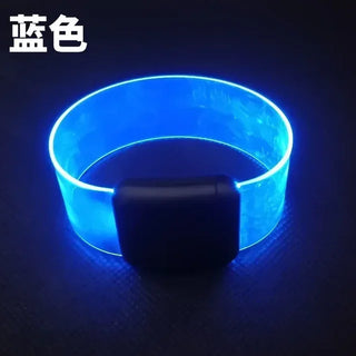 Glowing blue LED battery-powered bracelet with sound-controlled flashing lights, a trendy party or safety accessory.