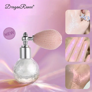 Sparkling highlighter powder spray in a glass bottle with ornate bulb applicator, surrounded by shimmering glitter powder effects on a vibrant pink background