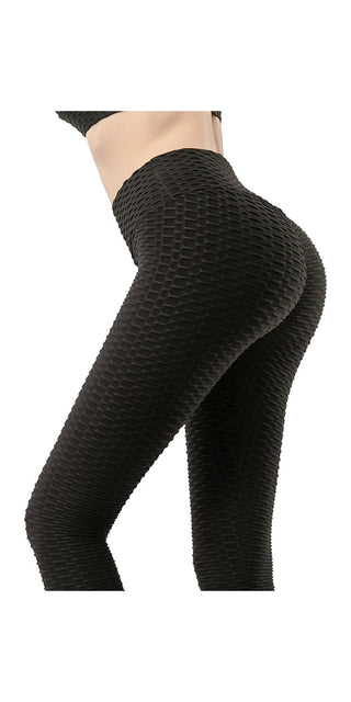 Stylish honeycomb pattern leggings in black, designed to flatter the figure and inspire confidence.
