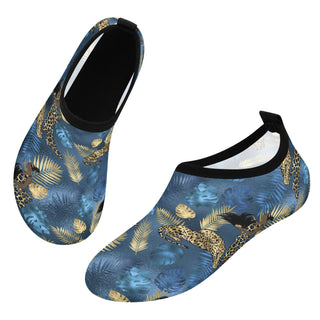 Trendy men's water sports skin shoes with blue tropical leaf and leopard print pattern