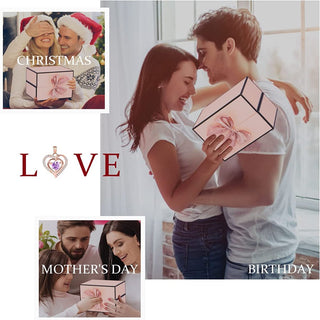 Festive couple posing with heart-shaped gift boxes for various occasions such as Christmas, Love, Mother's Day, and Birthday. The image showcases a romantic and joyful relationship moment between the two individuals.