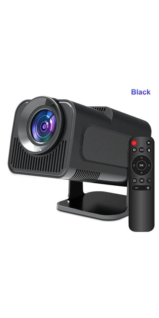 180-degree rotatable home cinema projector with sleek black design and remote control