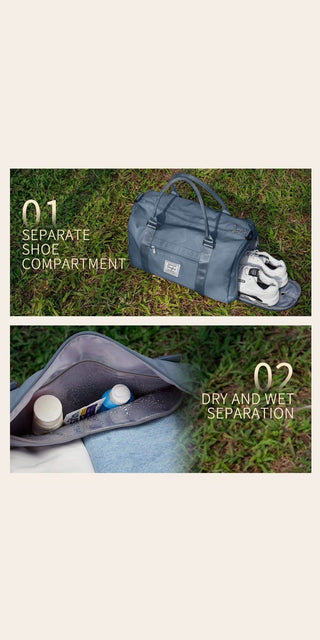 Versatile gym bag with separate shoe and wet compartments, ideal for fitness enthusiasts and weekend getaways.