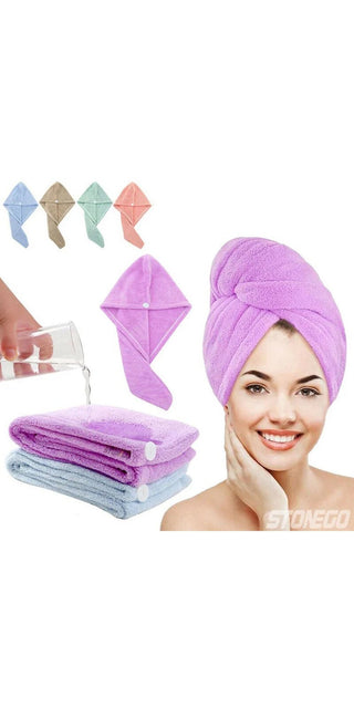 Soft microfiber hair towel wrap in vibrant purple color, highly absorbent for quick drying, shown with additional colored towels, promoting comfortable and convenient hair care.