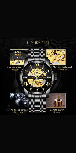 Luxury mechanical men's watch with diamond dial, stainless steel design, and self-winding automatic movement.