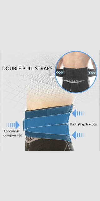Breathable back brace with double pull straps for abdominal compression and lumbar support