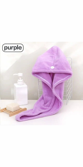 Plush purple microfiber hair towel with button fastener, ideal for quick drying and absorbing moisture after showering or bathing.