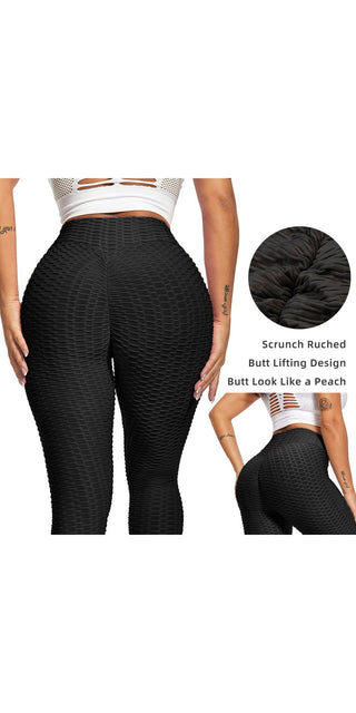 Comfortable, figure-flattering honeycomb-textured black leggings with a snug, butt-lifting design.