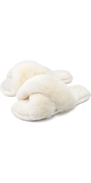 Cozy white fuzzy house slippers with open toe design and anti-skid sole for comfortable indoor wear.