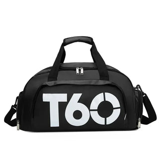 Durable and stylish gym bag with bold T60 logo design. Portable and waterproof sports backpack for fitness enthusiasts and outdoor activities.