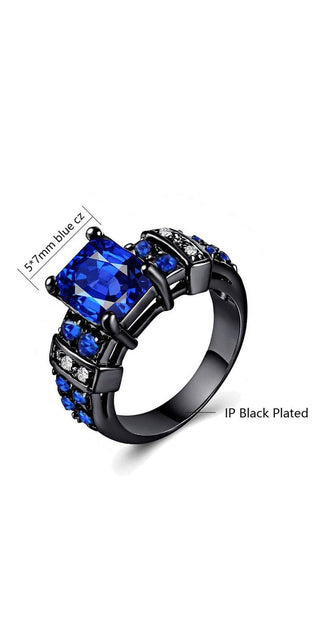 Elegant couple rings featuring a striking 1CT blue cubic zirconia stone set in a stylish black plated band with additional blue and clear stones for a luxurious, eye-catching look.