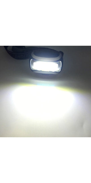 Compact LED headlight flashlight with bright illumination for outdoor activities like camping and hiking, featured in the image.