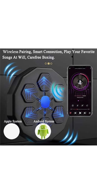 Smart boxing training equipment with LED lights, wireless pairing, and mobile app controls for reaction training and music playback.