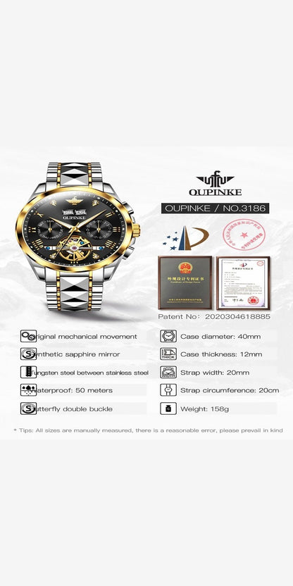 Automatic Watches for Men, Diamond Skeleton Self Winding Luxury Dress Mens Watch Sapphire Crystal Tungsten Steel Band Luminous Waterproof Reloj, Gifts for Men