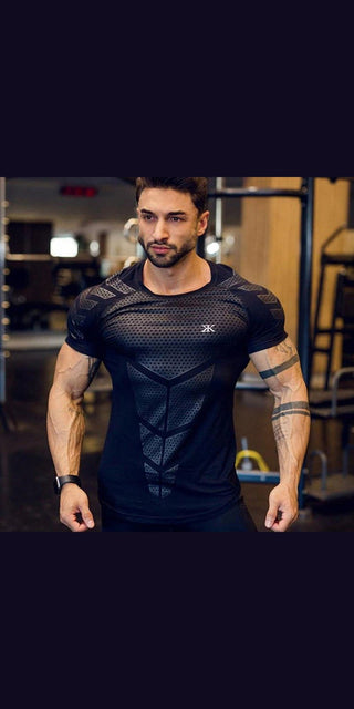Stylish men's compression athletic shirt with breathable mesh design for active fitness.