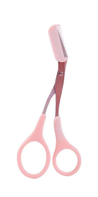 Sleek pink eyebrow trimming scissors with sharp blades and a grooming comb for precision shaping and grooming. Handy beauty tool for women to maintain well-groomed eyebrows.