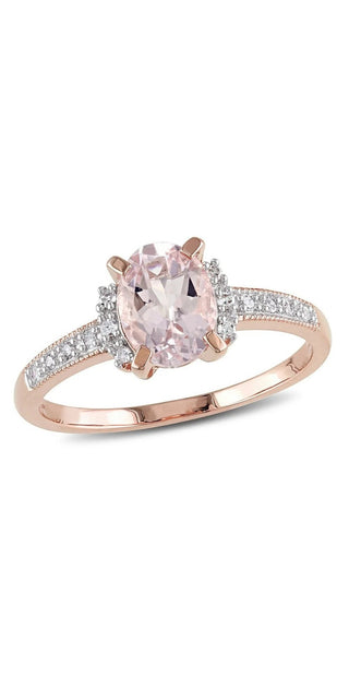 Elegant oval-cut morganite ring with rose gold flash plated sterling silver setting and diamond accents, showcasing a beautiful and luxurious women's jewelry piece.