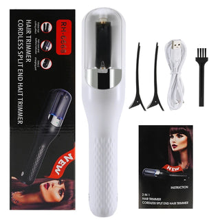 Professional hair split ends trimmer for women, with accessories included. The image shows the product along with various attachments and a box displaying the product's features.