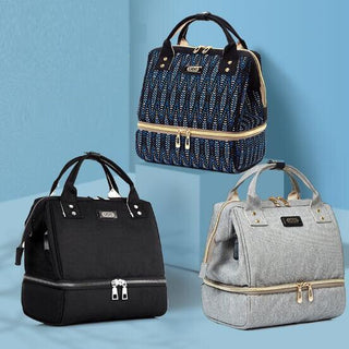 Stylish diaper bags for mothers and mommies. Versatile and functional bags in various fashionable designs and colors, including black, navy, and gray.
