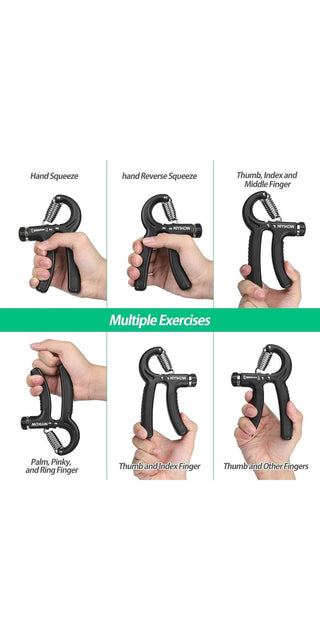 Adjustable hand grip strengthener for multiple exercises, ranging from 22 to 132 lbs resistance. Suitable for improving grip strength and dexterity.