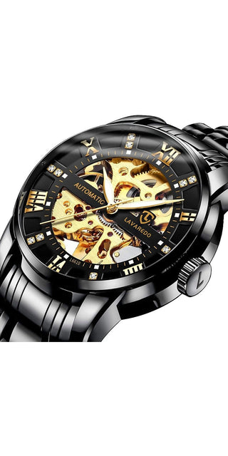 Sleek black automatic mechanical watch with skeleton dial, showcasing the intricate inner workings and gold-toned accents for a sophisticated, business-ready style.