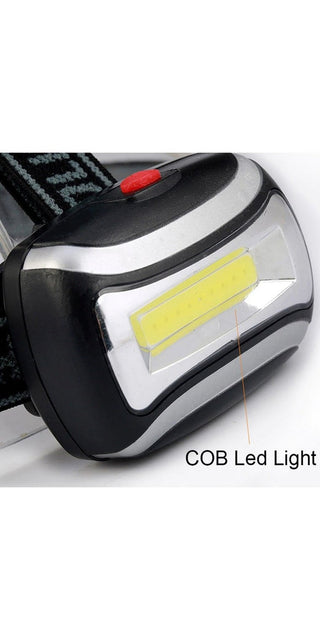 Compact COB LED headlamp with powerful flashlight, ideal for outdoor camping and activities.