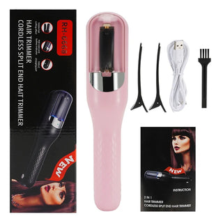 Professional Hair Split Ends Trimmer for Women - Sleek pink device with accessories for easy hair grooming and styling. Compact, cordless design provides convenience and control.
