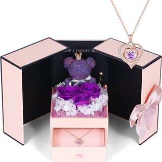 Preserved rose gifts set includes a 925 sterling silver necklace with a double heart jewelry design, perfect for anniversaries, Valentine's Day, birthdays, or Christmas gifts for her, wife, or girlfriend from her husband or boyfriend. The image shows the necklace pendant along with a plush purple teddy bear surrounded by purple roses in a stylish gift box.