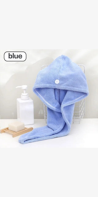 Plush blue microfiber hair towel wrap, absorbent and quick-drying, with a snap closure and shower accessories
