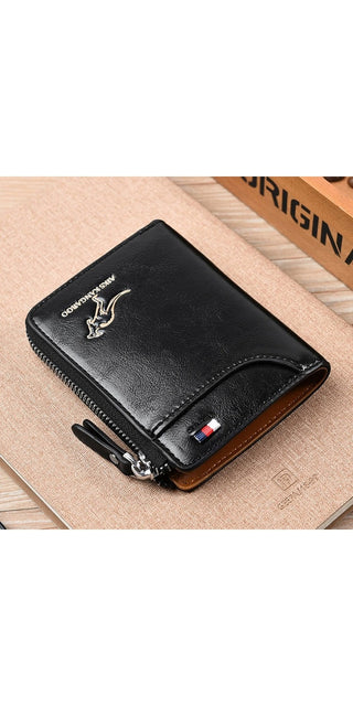 Stylish men's leather wallet with RFID protection, multifunctional zipper purse, and sleek business card holder design. Durable and compact for everyday use.